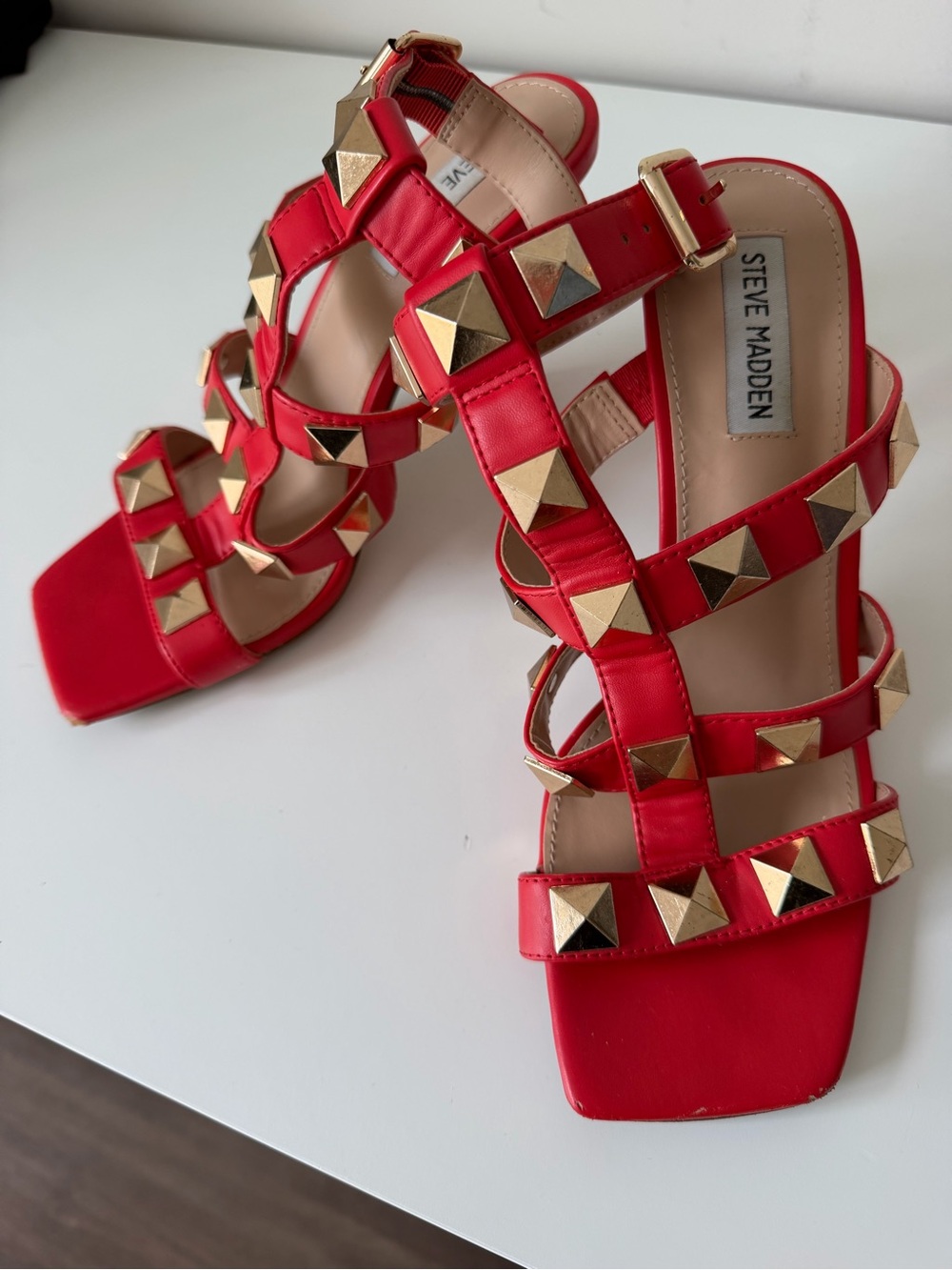 Steve Madden Red Pyramid-Stud Gladiator Heels - Picture 2 of 3